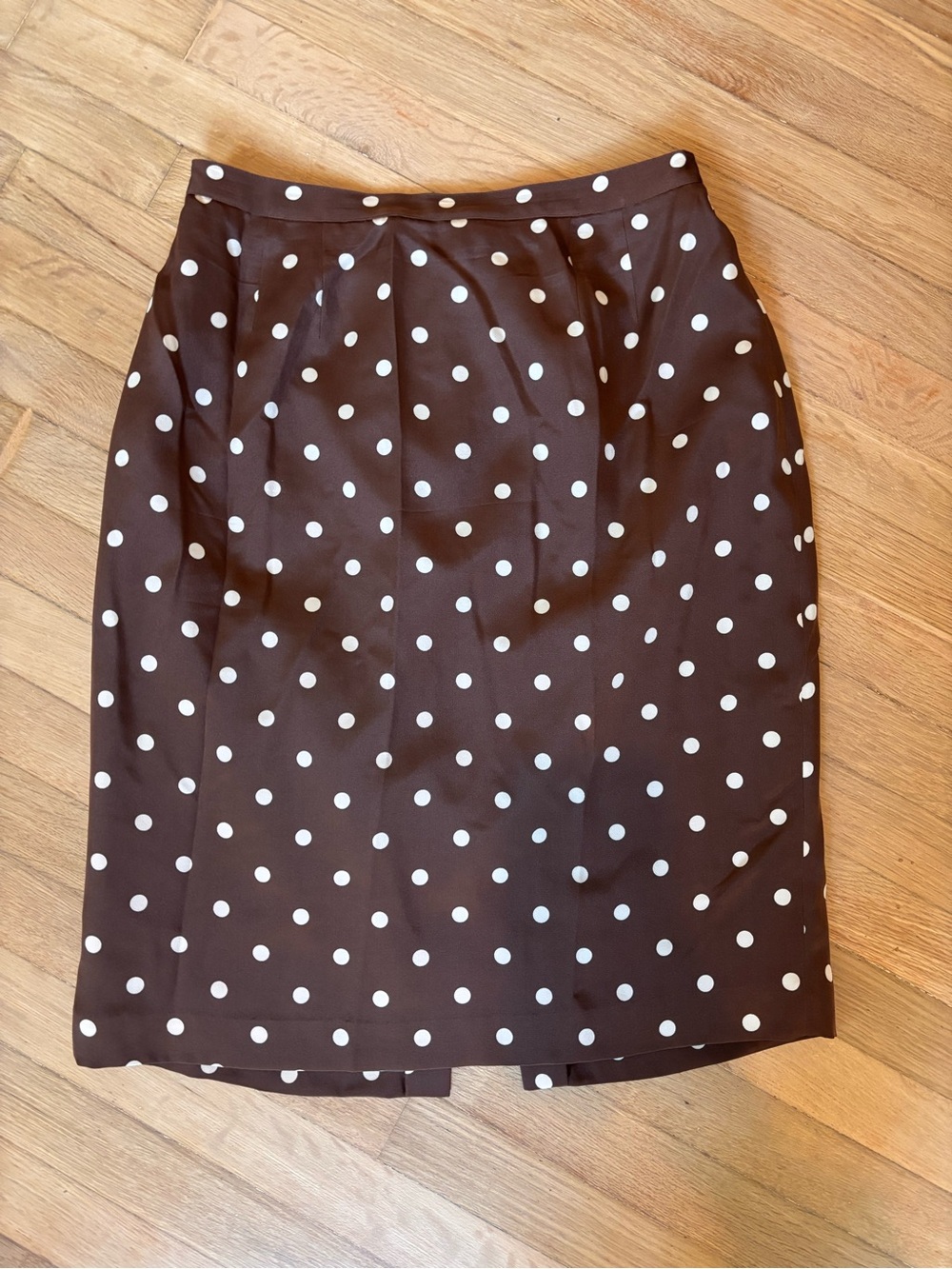 Vintage 100% Silk Brown White Polka Dot Midi Skirt Size 14 Retro
